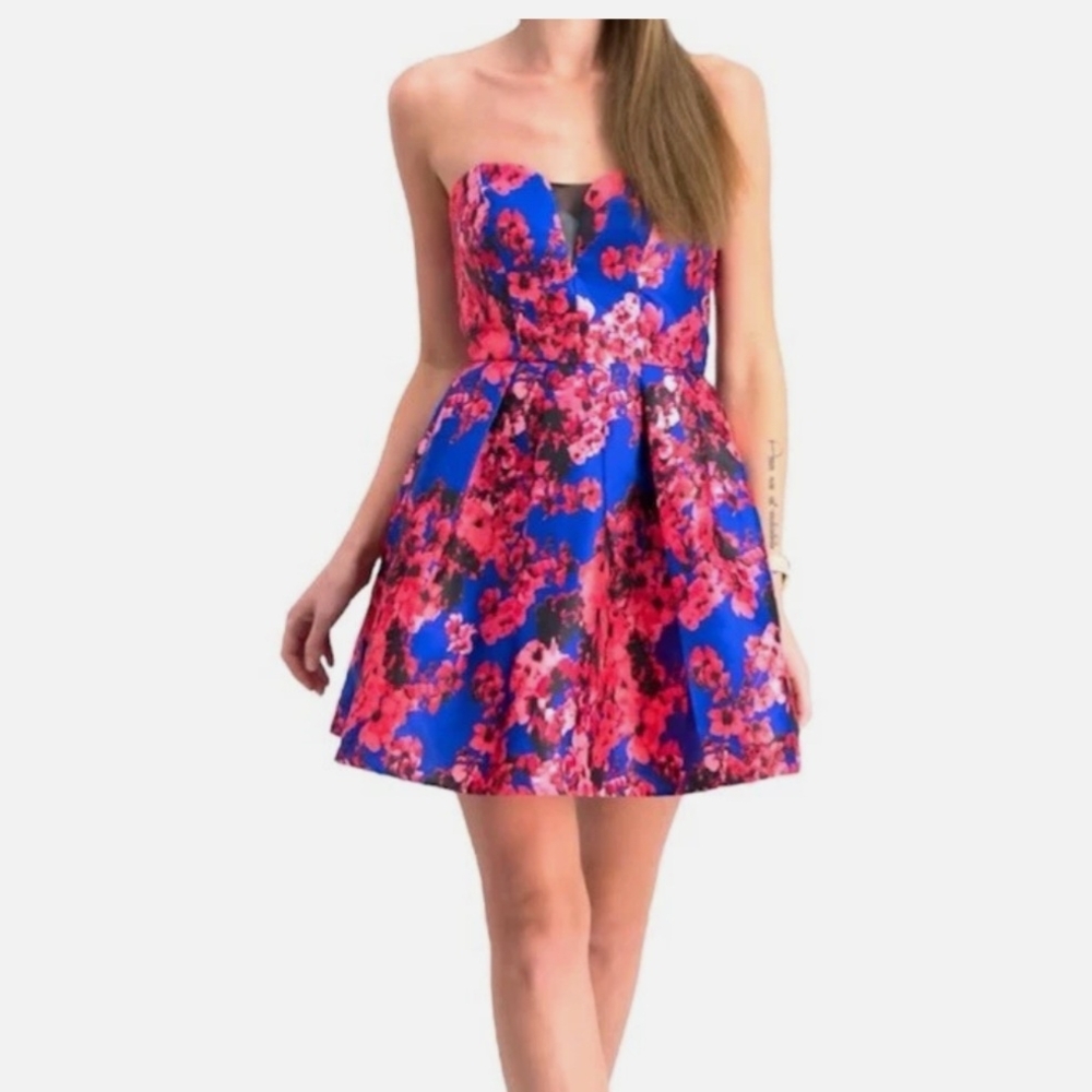 B Darlin Strapless Blue Pink Floral Fit & Flare Prom Dress Size 1/2 Juniors
